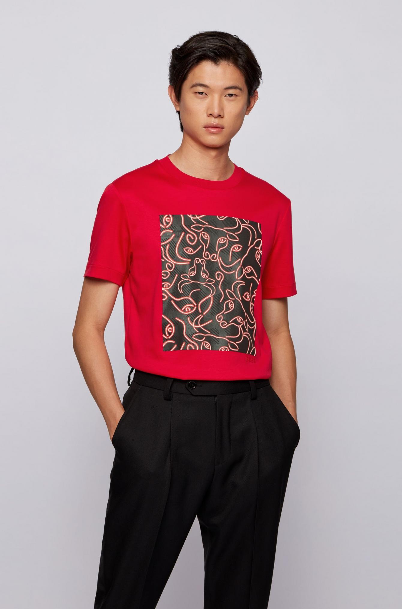 T-shirt Regular Fit en coton avec motif logo artistique Coton BOSS by HUGO BOSS pour homme en coloris Rouge Homme T-shirts T-shirts BOSS by HUGO BOSS 